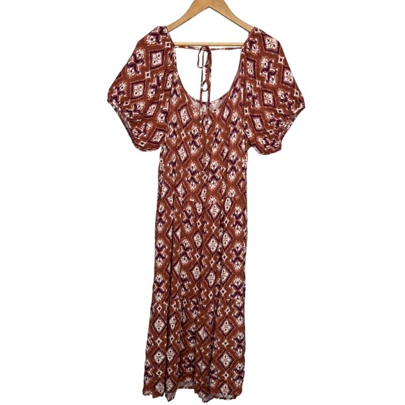 Knox Rose Midi Floral Tiered Boho Scoop Neck Short Puff Sleeves Tie Rust XXL - Picture 5 of 13